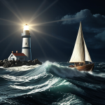 **

"A lone sailboat navigating a turbulent sea at night, guided by a bright lighthouse beam representing real estate cycle analysis, symbolizing finding direction in a volatile market."

**