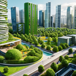 **Global real estate trends:** A vibrant cityscape with modern architecture representing urbanization, green buildings symbolizing sustainability, and co-living spaces showcasing shared economy living.