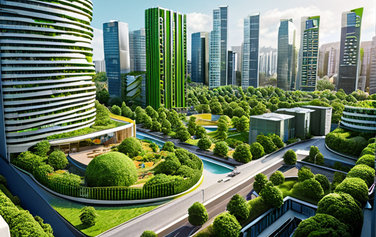 **Global real estate trends:** A vibrant cityscape with modern architecture representing urbanization, green buildings symbolizing sustainability, and co-living spaces showcasing shared economy living.